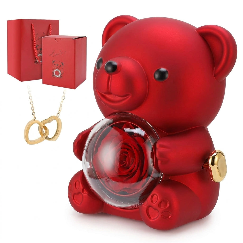 Romantic Heart Bear Necklace & Eternal Rose Gift Set