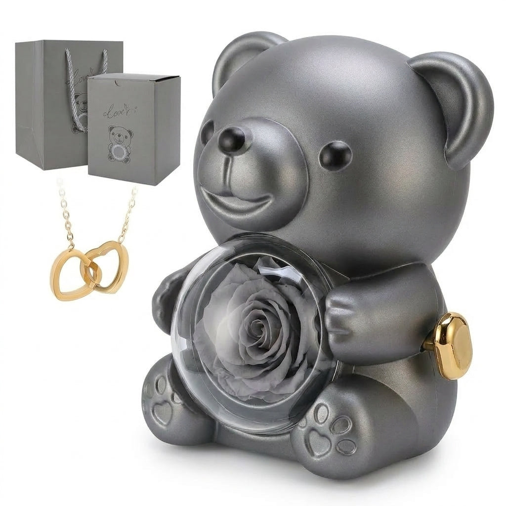 Romantic Heart Bear Necklace & Eternal Rose Gift Set