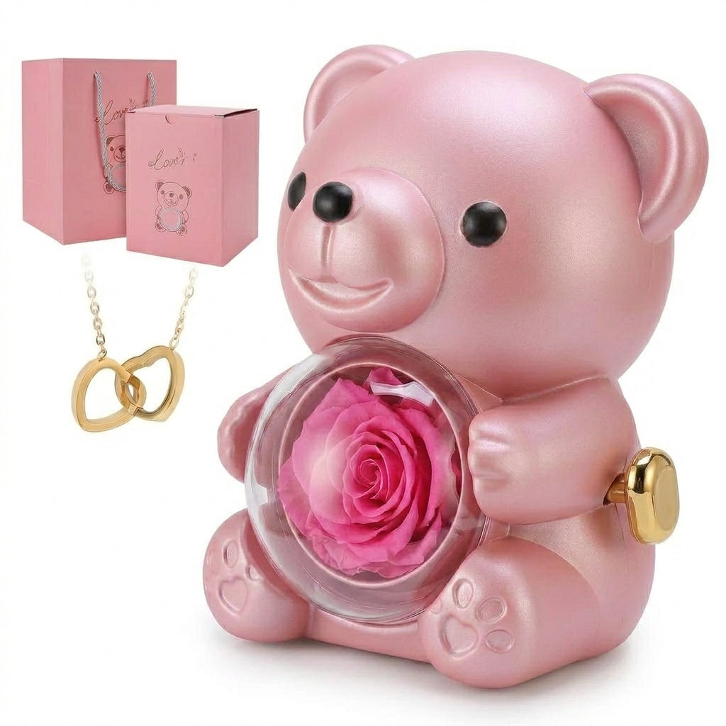 Romantic Heart Bear Necklace & Eternal Rose Gift Set