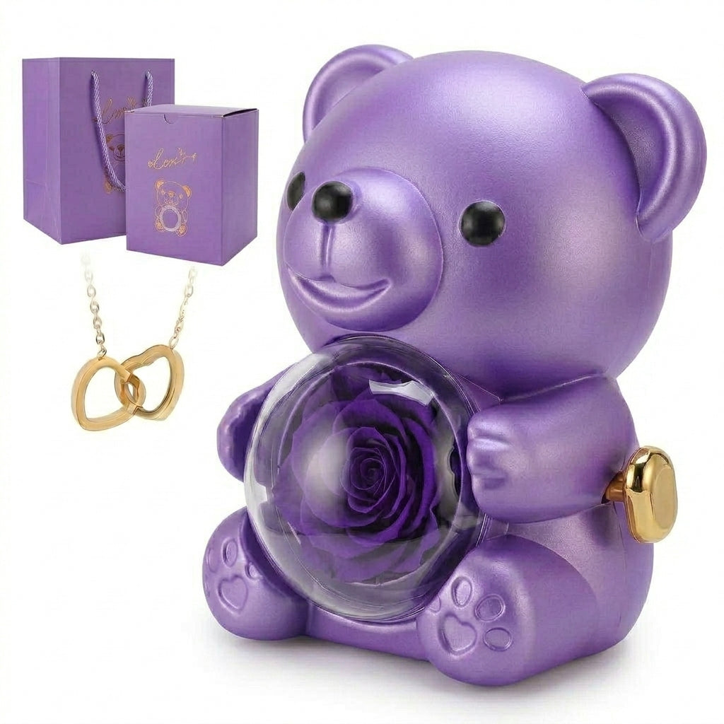 Romantic Heart Bear Necklace & Eternal Rose Gift Set