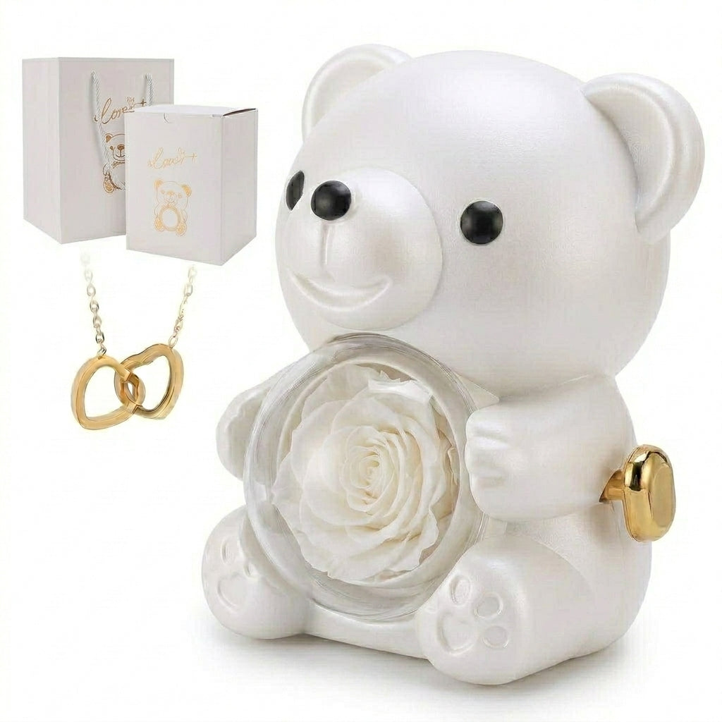 Romantic Heart Bear Necklace & Eternal Rose Gift Set