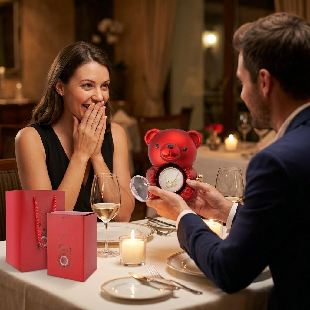 Romantic Heart Bear Necklace & Eternal Rose Gift Set