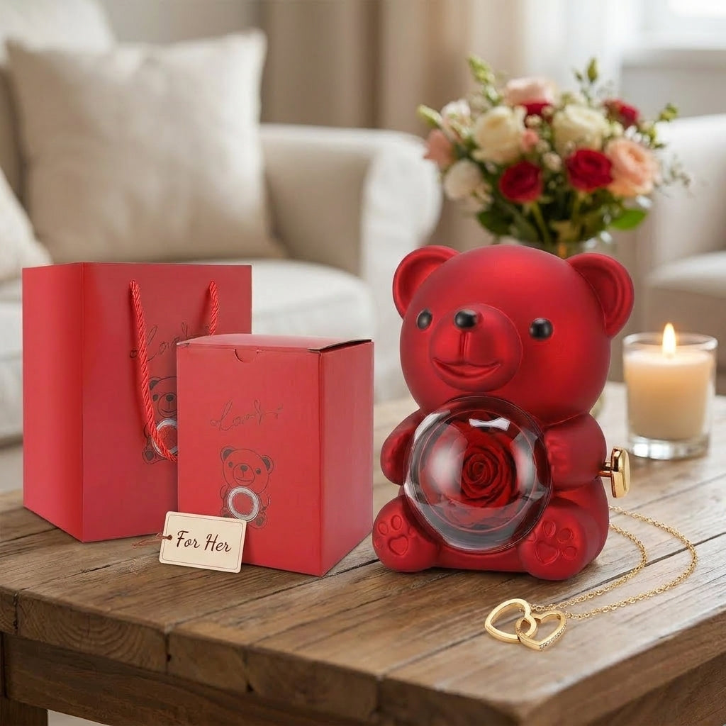 Romantic Heart Bear Necklace & Eternal Rose Gift Set