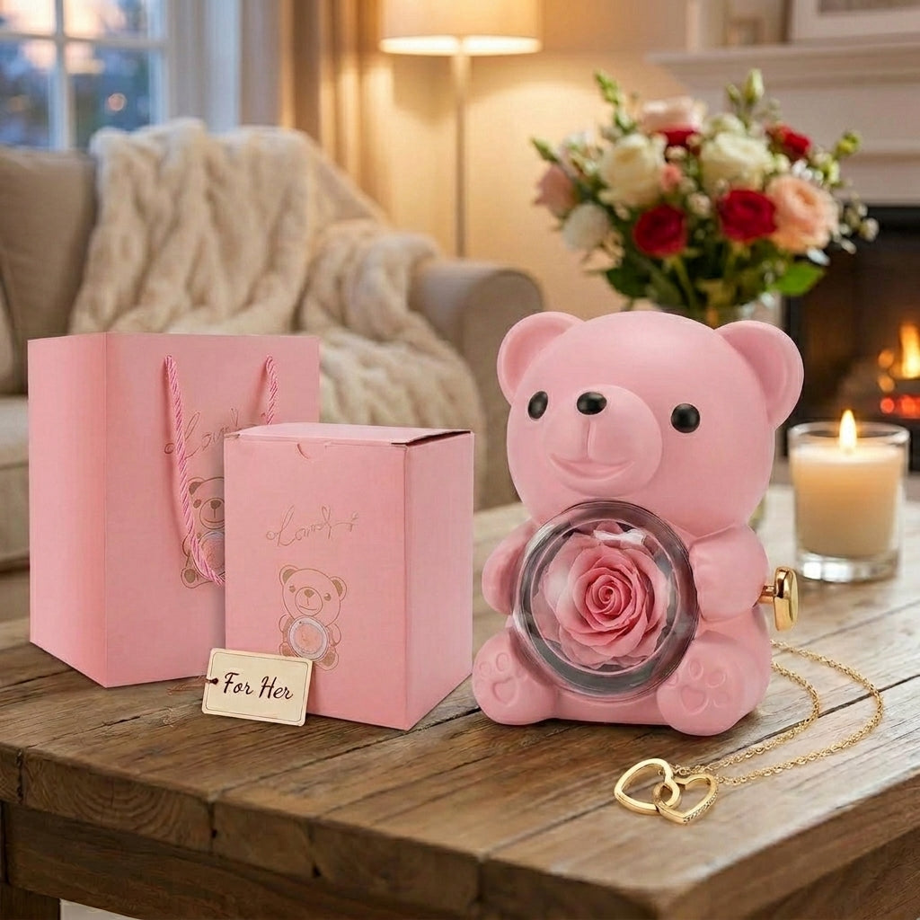 Romantic Heart Bear Necklace & Eternal Rose Gift Set