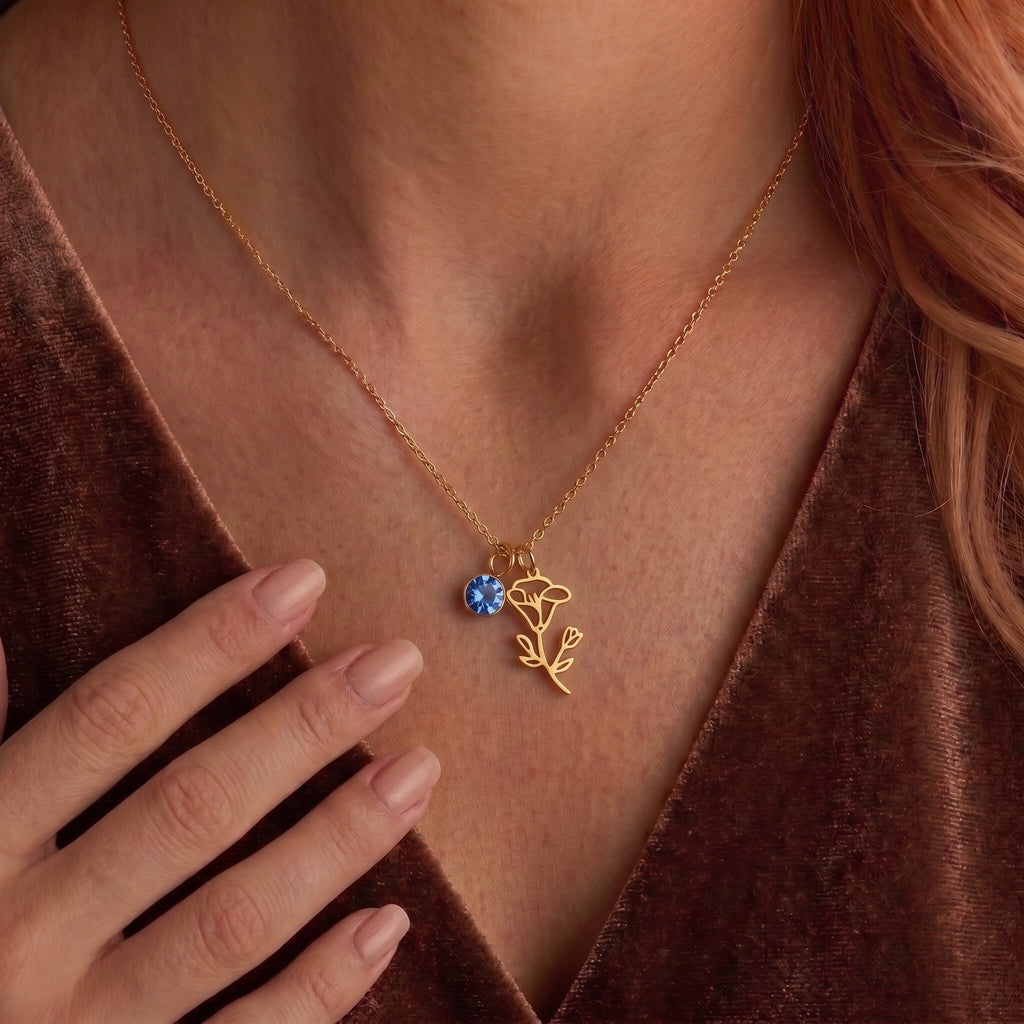 Personalized Birth Flower Necklace – 18K Gold Plated